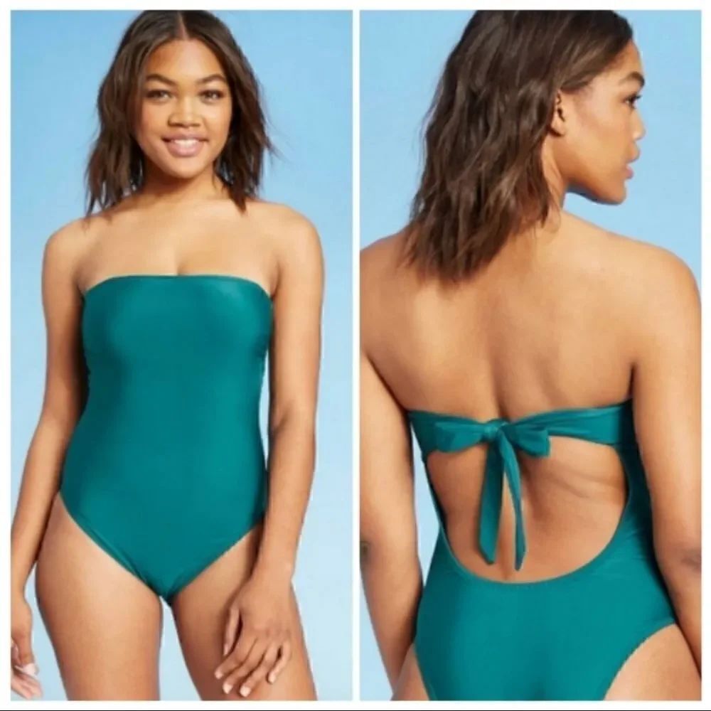 NWOT Shade & Shore Women's Bandeau Tie Back One Piece Swimsuit (Teal) S